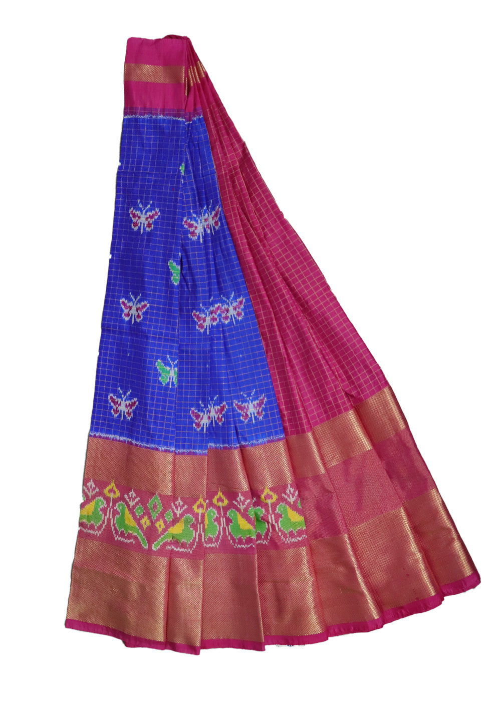 Blue and ruby pink color handloom silk ikath pavada