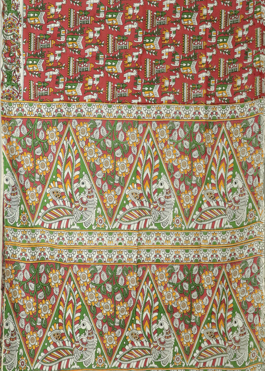 Beige Kalamkari printed cotton saree