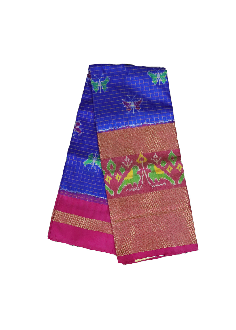 Blue and ruby pink color handloom silk ikath pavada