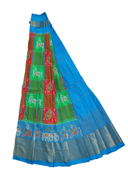 Multi and blue color handloom silk ikath pavada