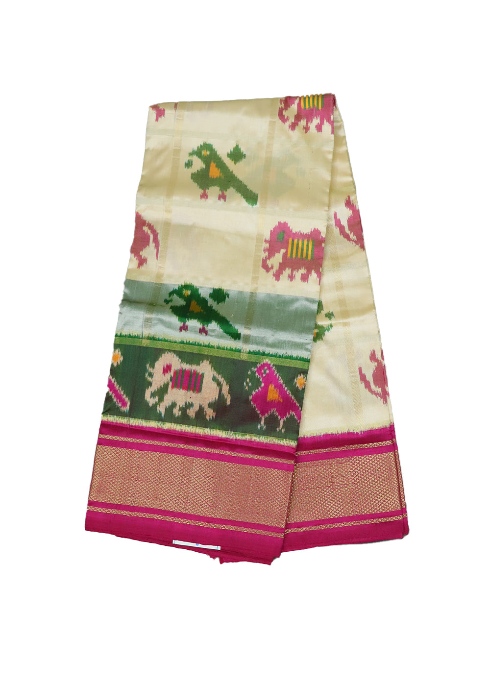 Cream and ruby pink color handloom silk ikath pavada