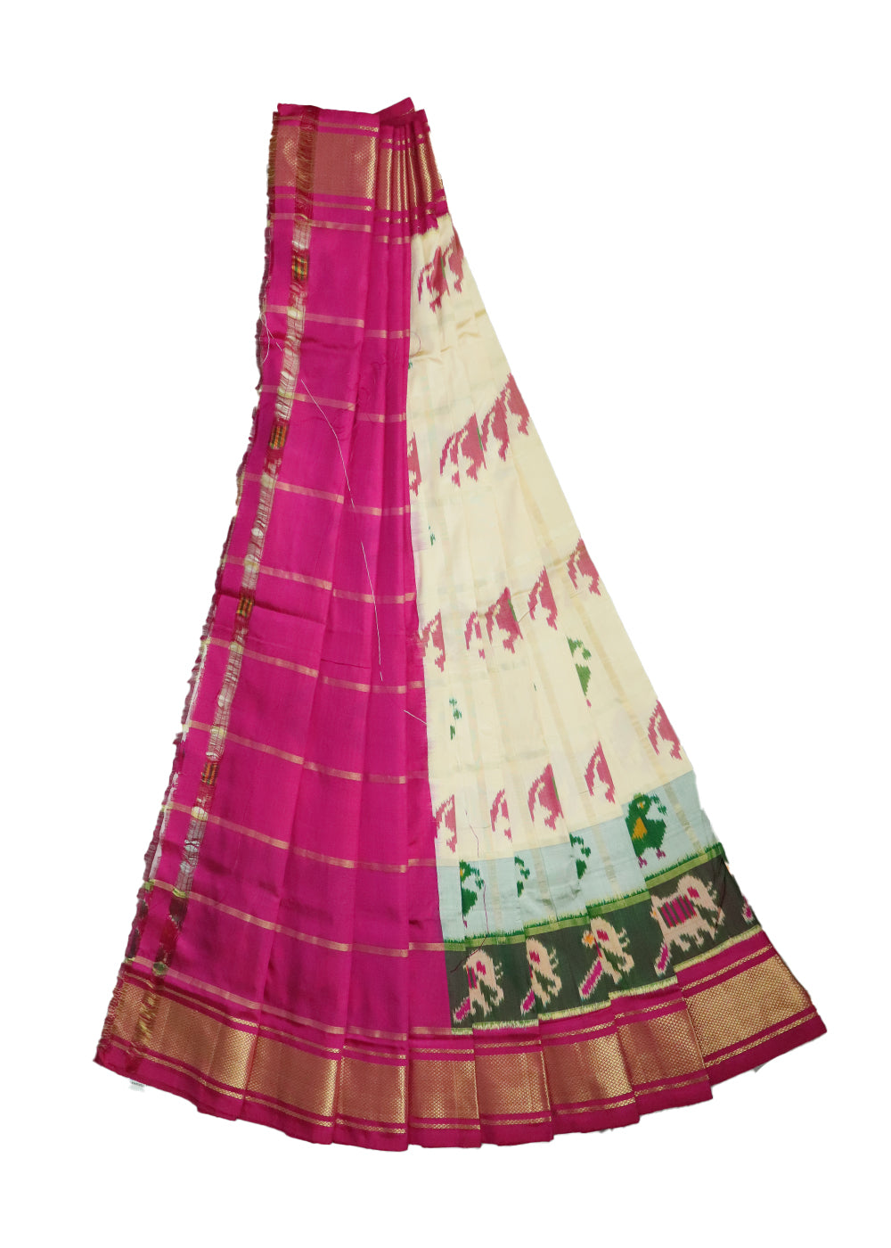 Cream and ruby pink color handloom silk ikath pavada