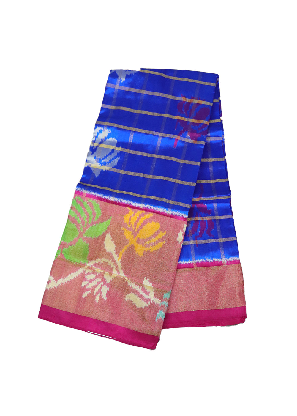 Blue and ruby pink color handloom silk ikath pavada