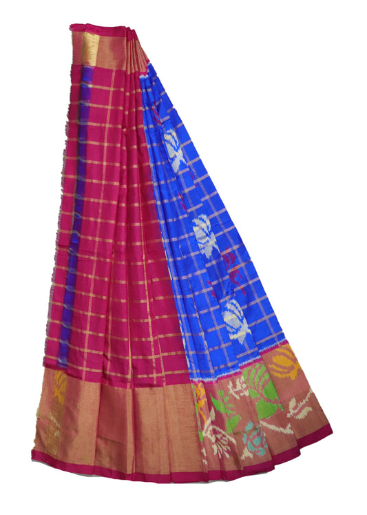 Blue and ruby pink color handloom silk ikath pavada