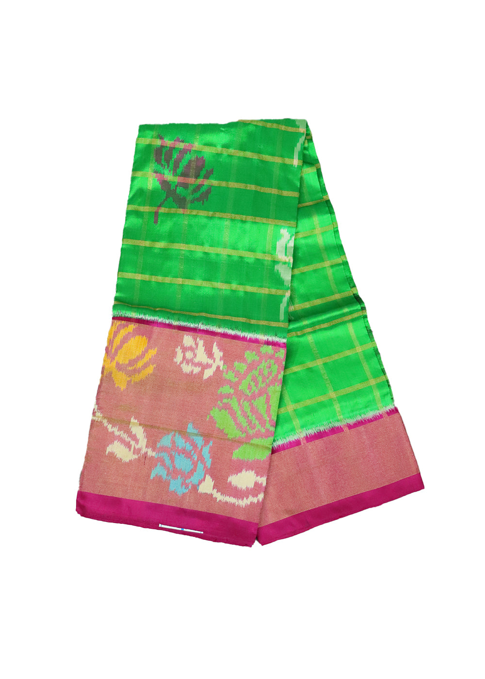 Green and ruby pink color handloom silk ikath pavada