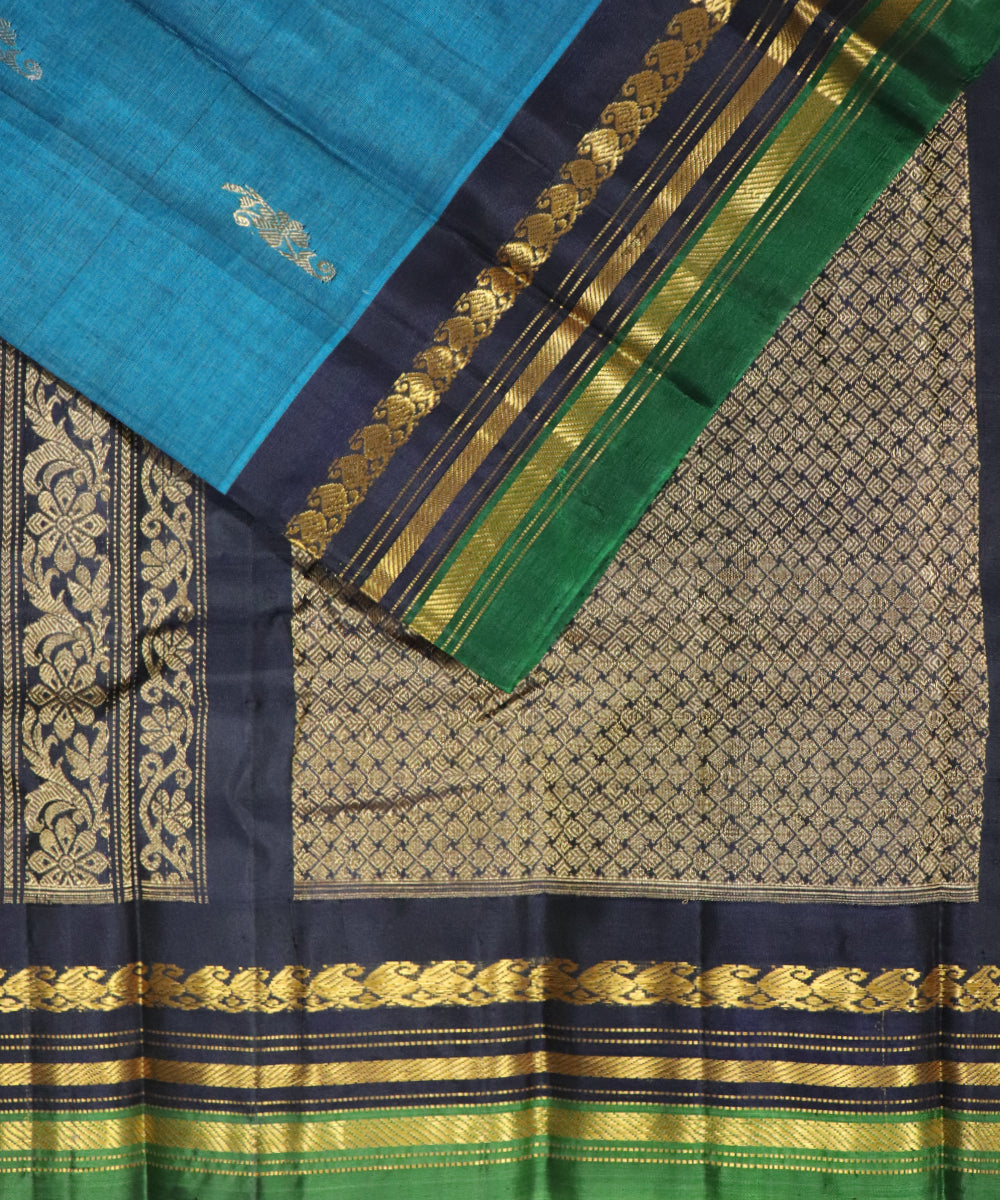 Prussian blue Handloom Gadwal SICO saree