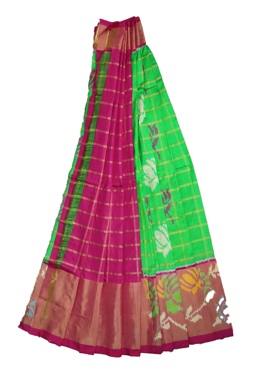 Green and ruby pink color handloom silk ikath pavada