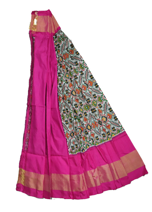 Steel gray and ruby pink color handloom silk ikath pavada