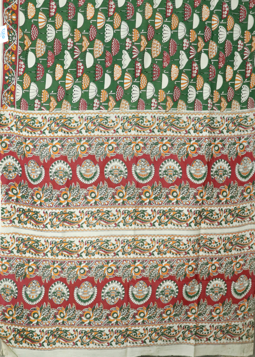 Beige Kalamkari printed cotton saree