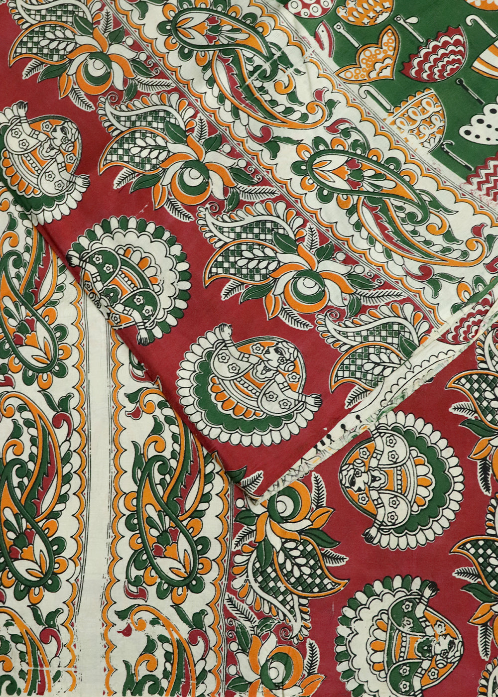 Beige Kalamkari printed cotton saree