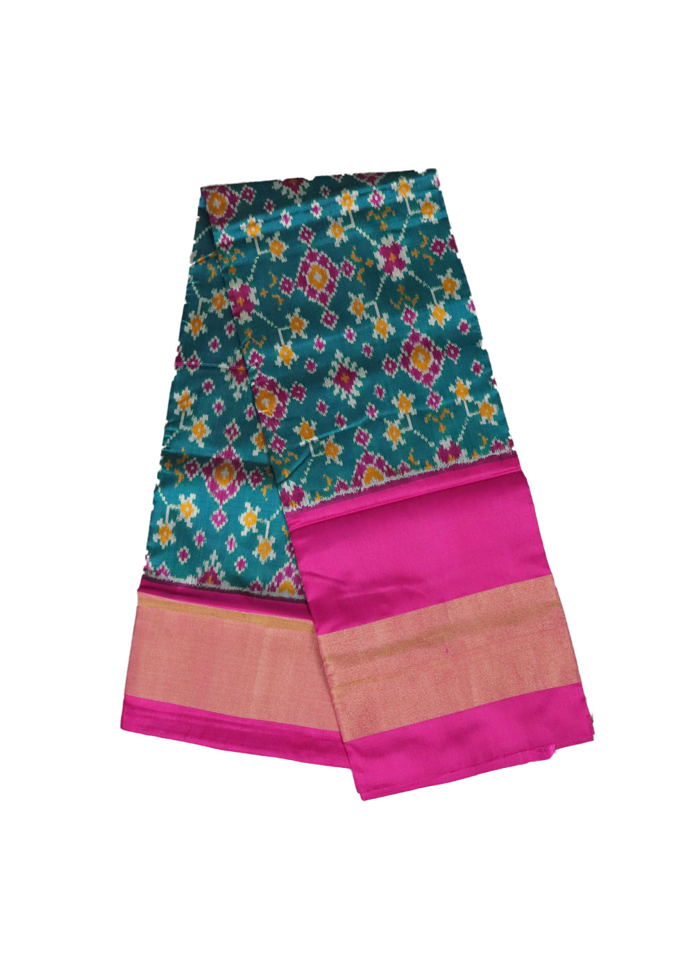 Pine green and ruby pink color handloom silk ikath pavada