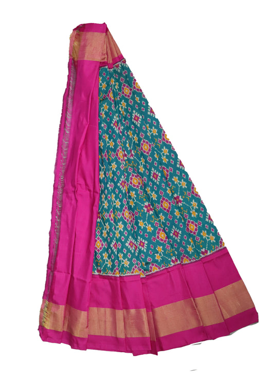 Pine green and ruby pink color handloom silk ikath pavada