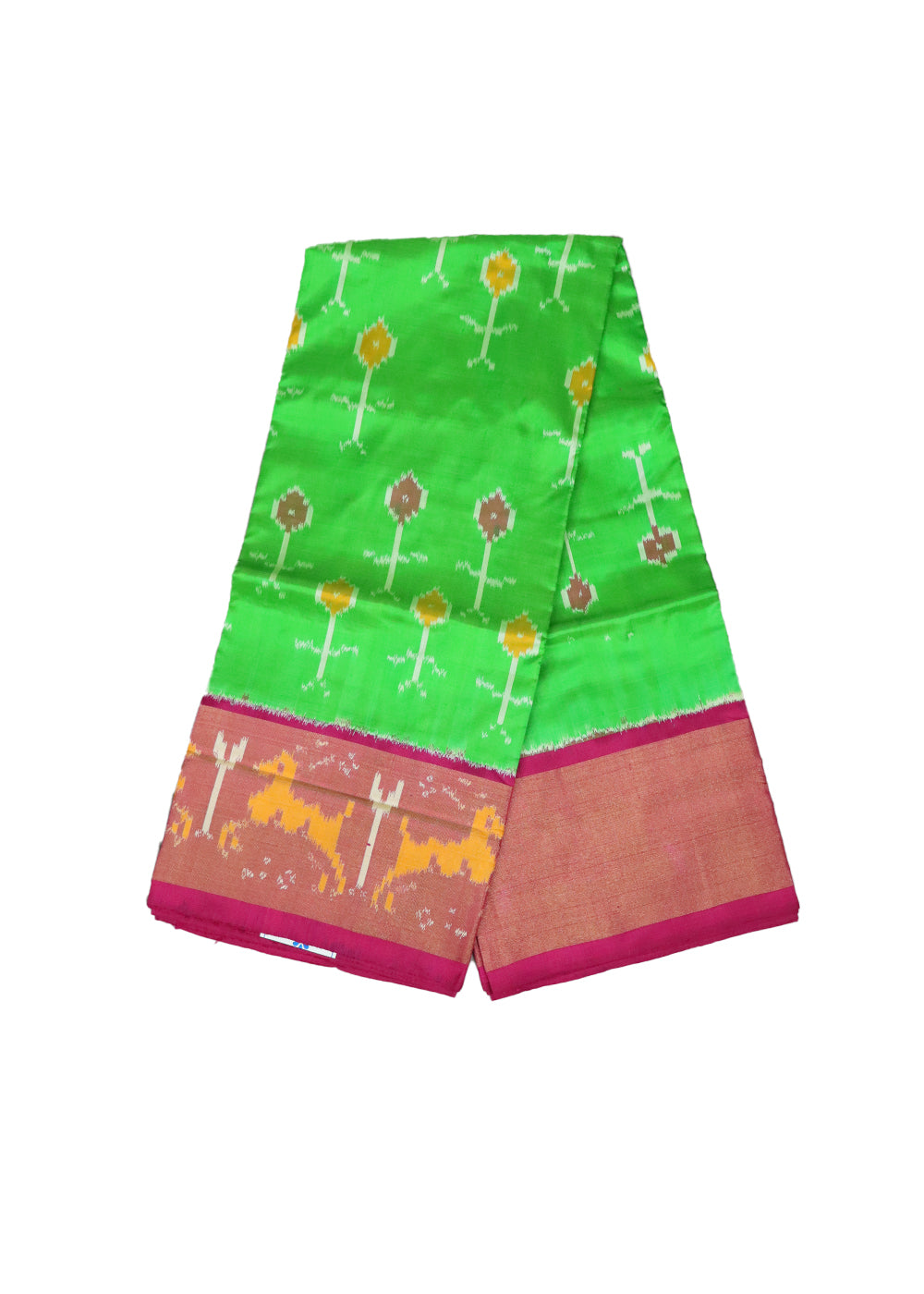 Green and ruby pink color handloom silk ikath pavada