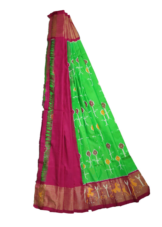 Green and ruby pink color handloom silk ikath pavada