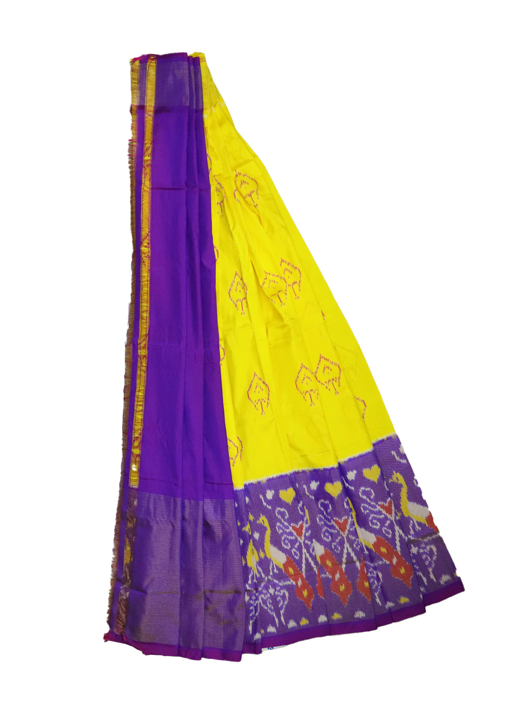 Yellow and grape violet color handloom silk ikath pavada