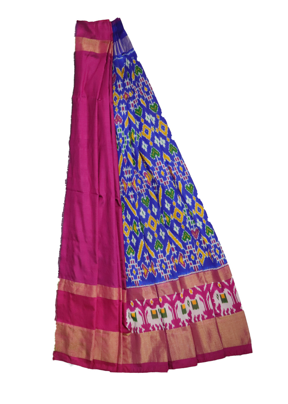 Blue and ruby pink color handloom silk ikath pavada