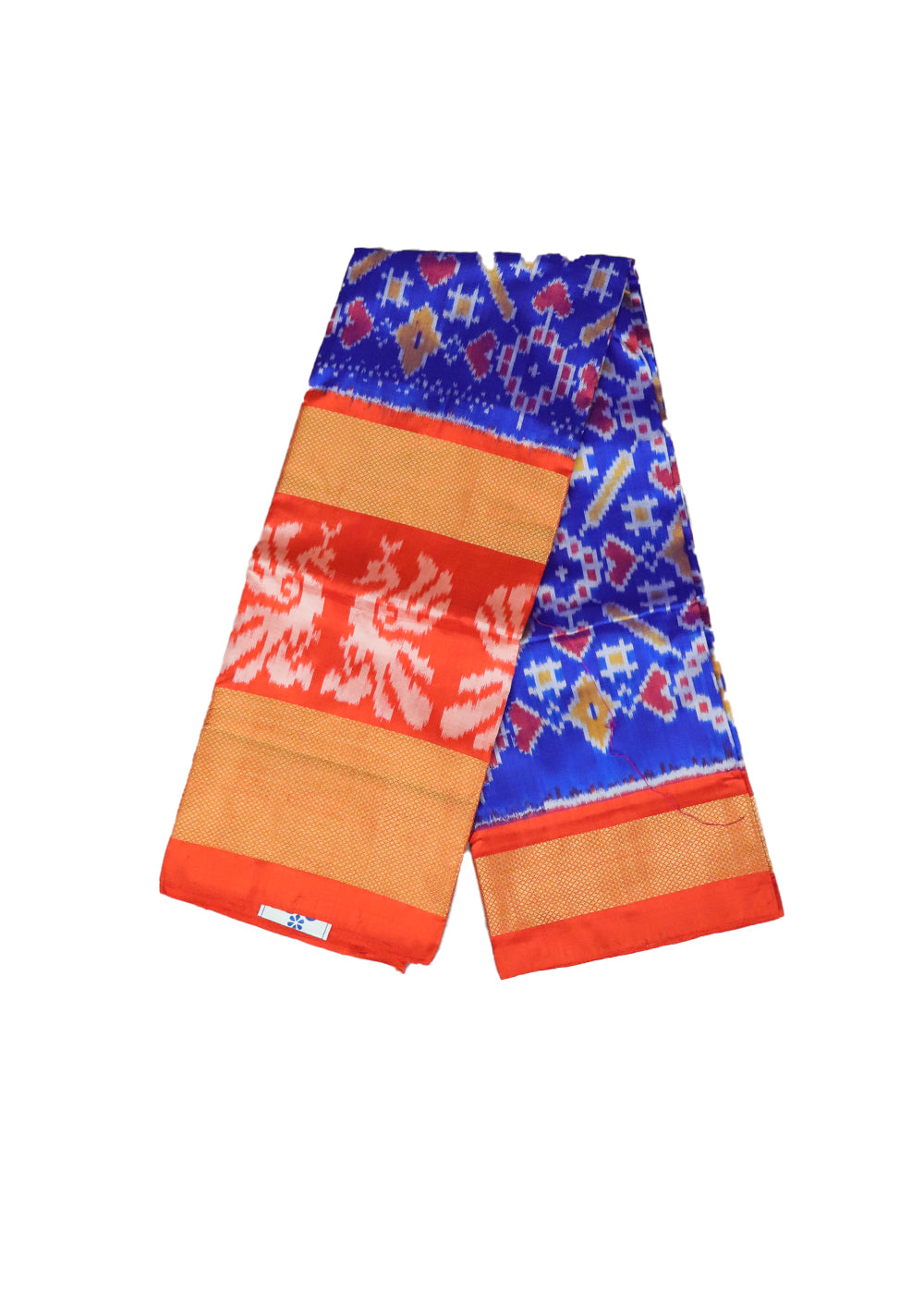 Blue and tiger orange color handloom silk ikath pavada