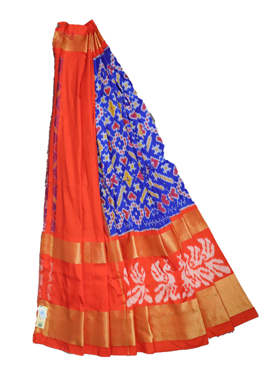 Blue and tiger orange color handloom silk ikath pavada