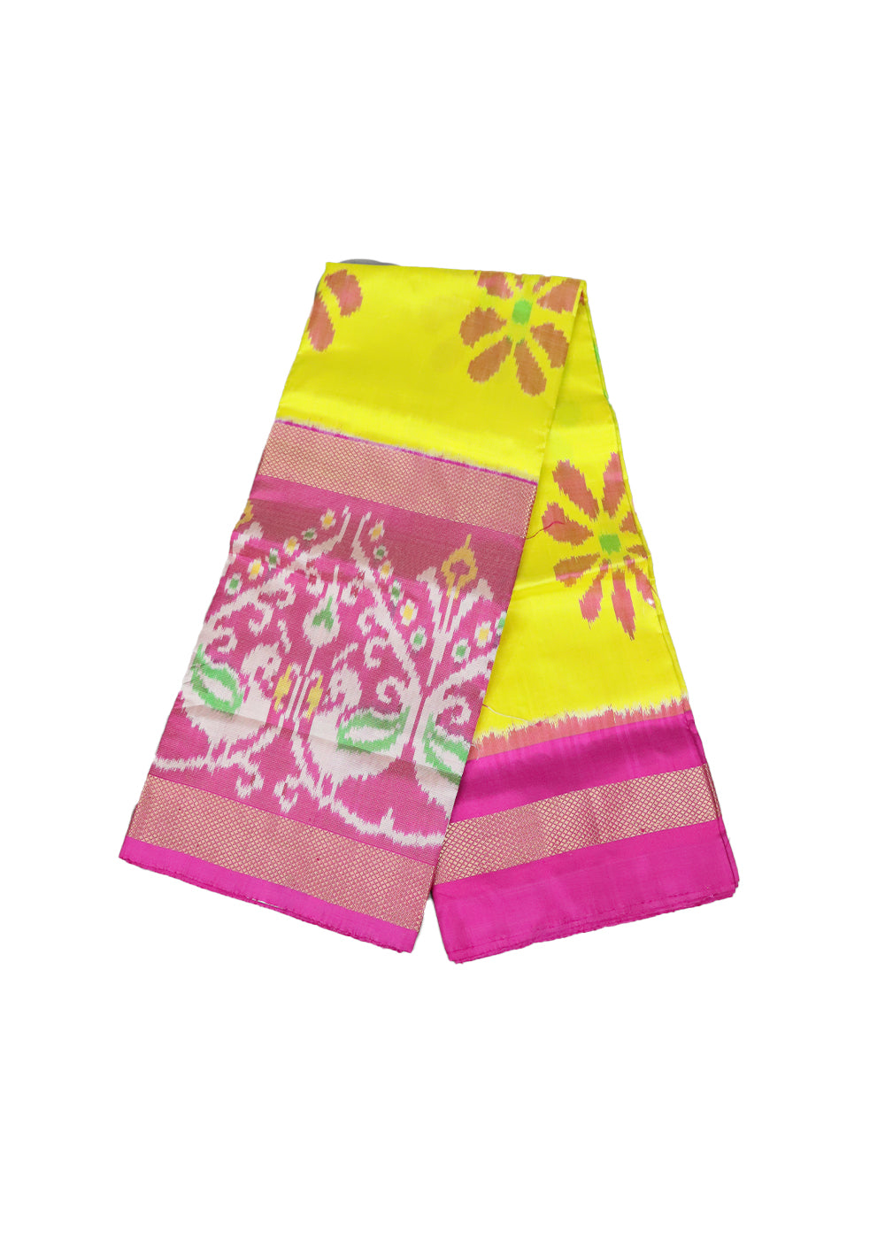 Yellow and ruby pink color handloom silk ikath pavada