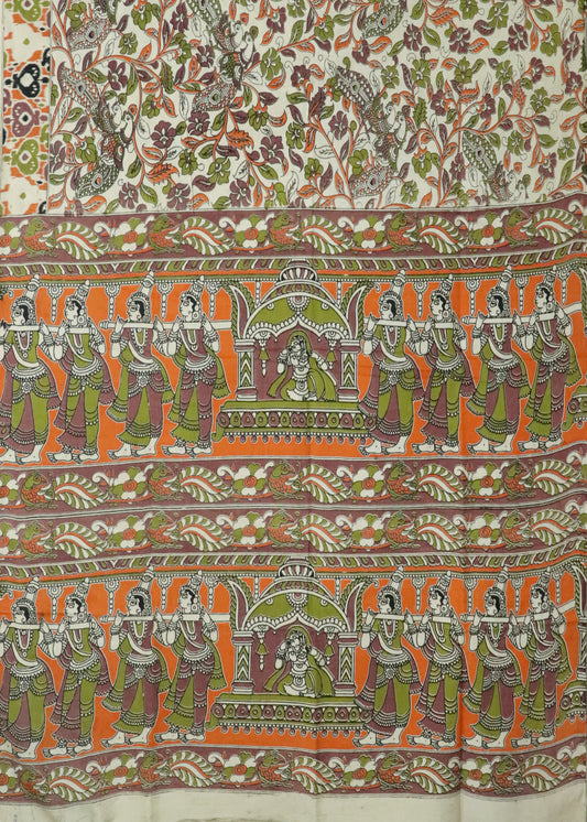 Beige Kalamkari printed cotton saree