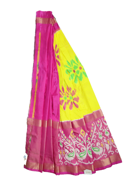 Yellow and ruby pink color handloom silk ikath pavada