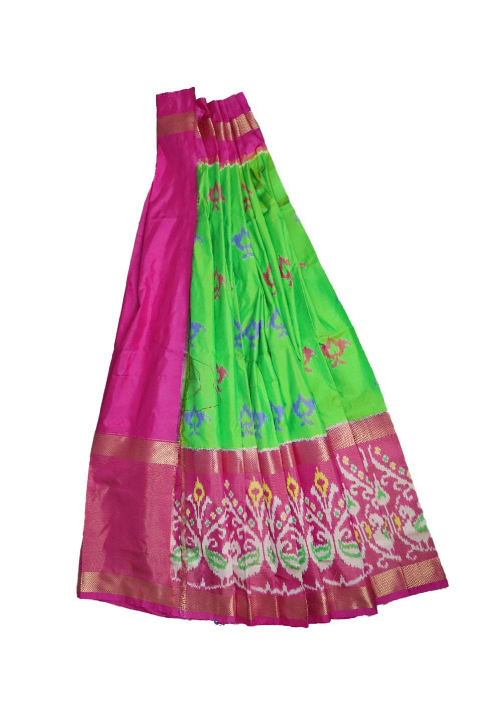 Green and ruby pink color handloom silk ikath pavada