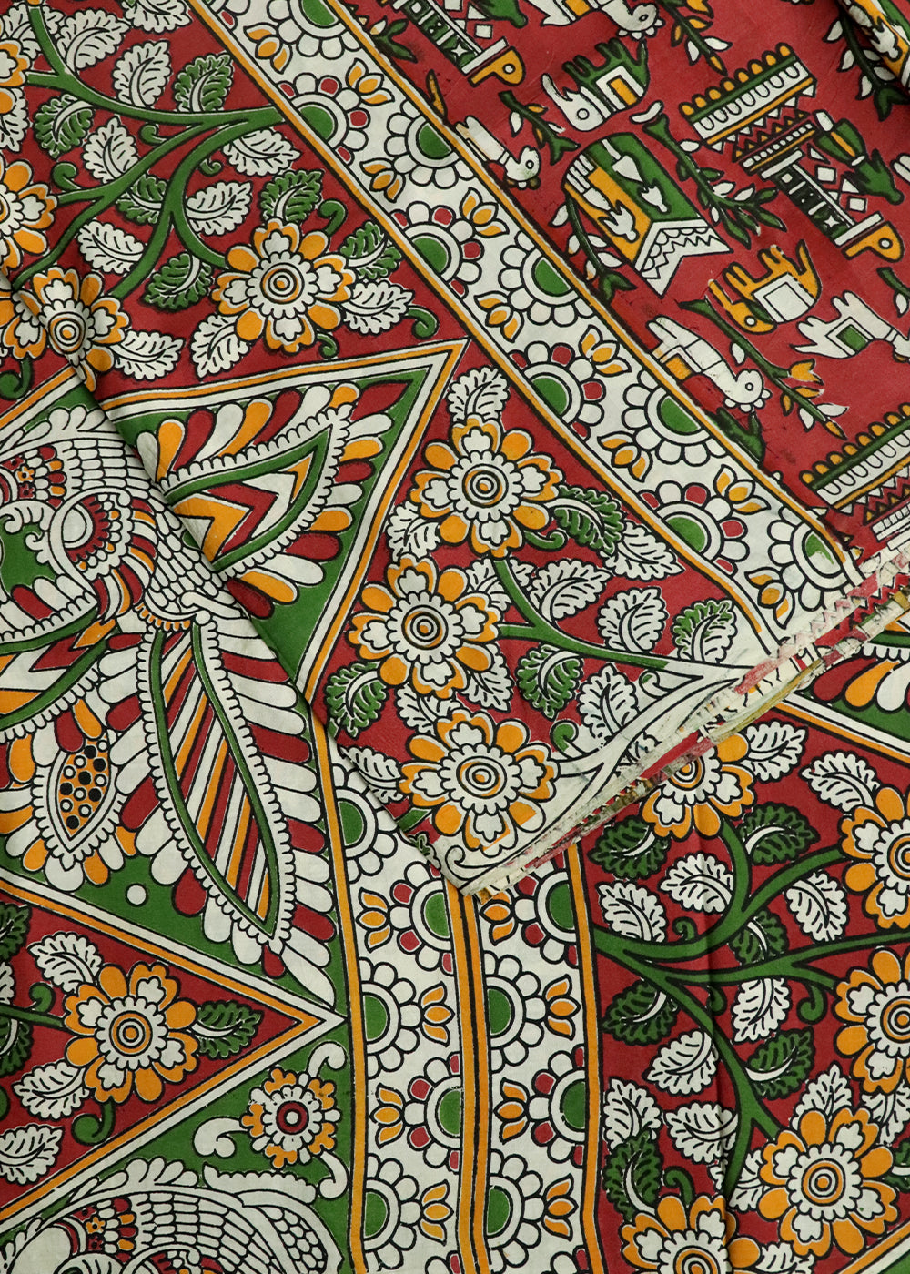 Beige Kalamkari printed cotton saree