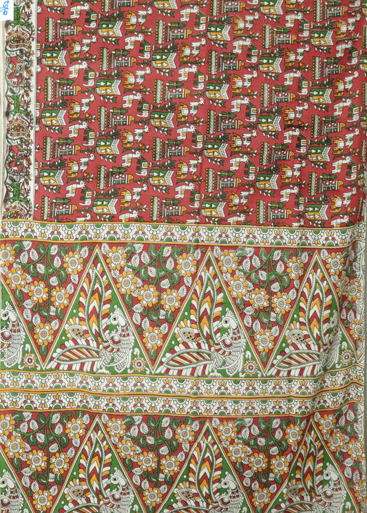 Beige Kalamkari printed cotton saree