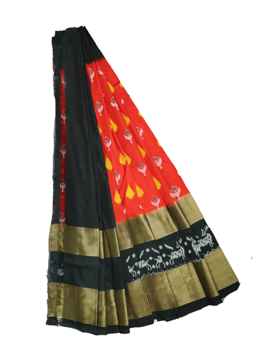 Crimson red and black color handloom silk ikath pavada