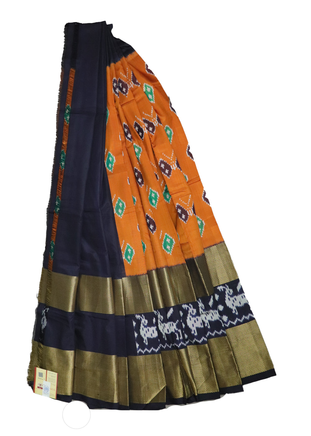 Bronze and denim blue color handloom silk ikath pavada