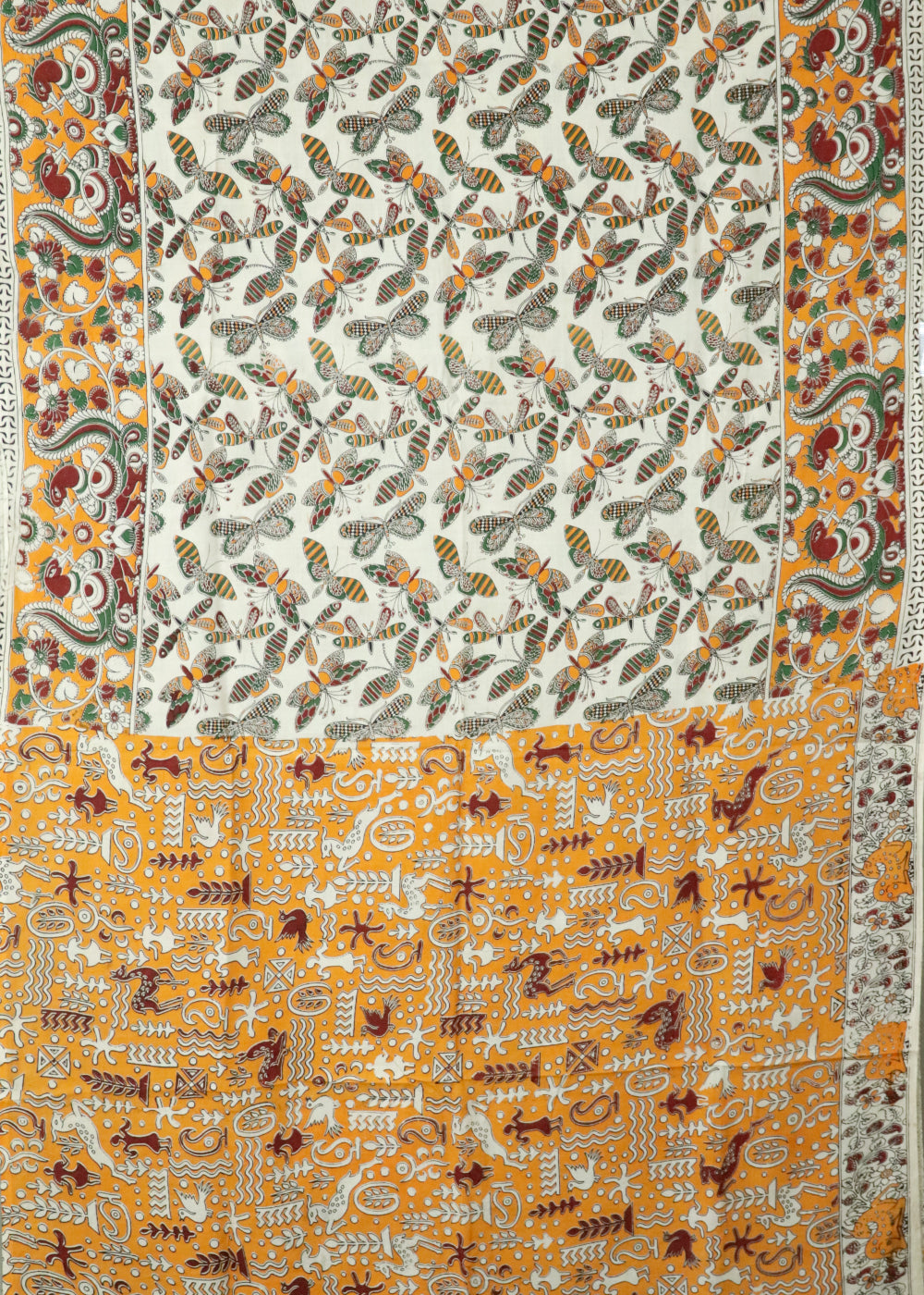 Beige Kalamkari printed cotton saree